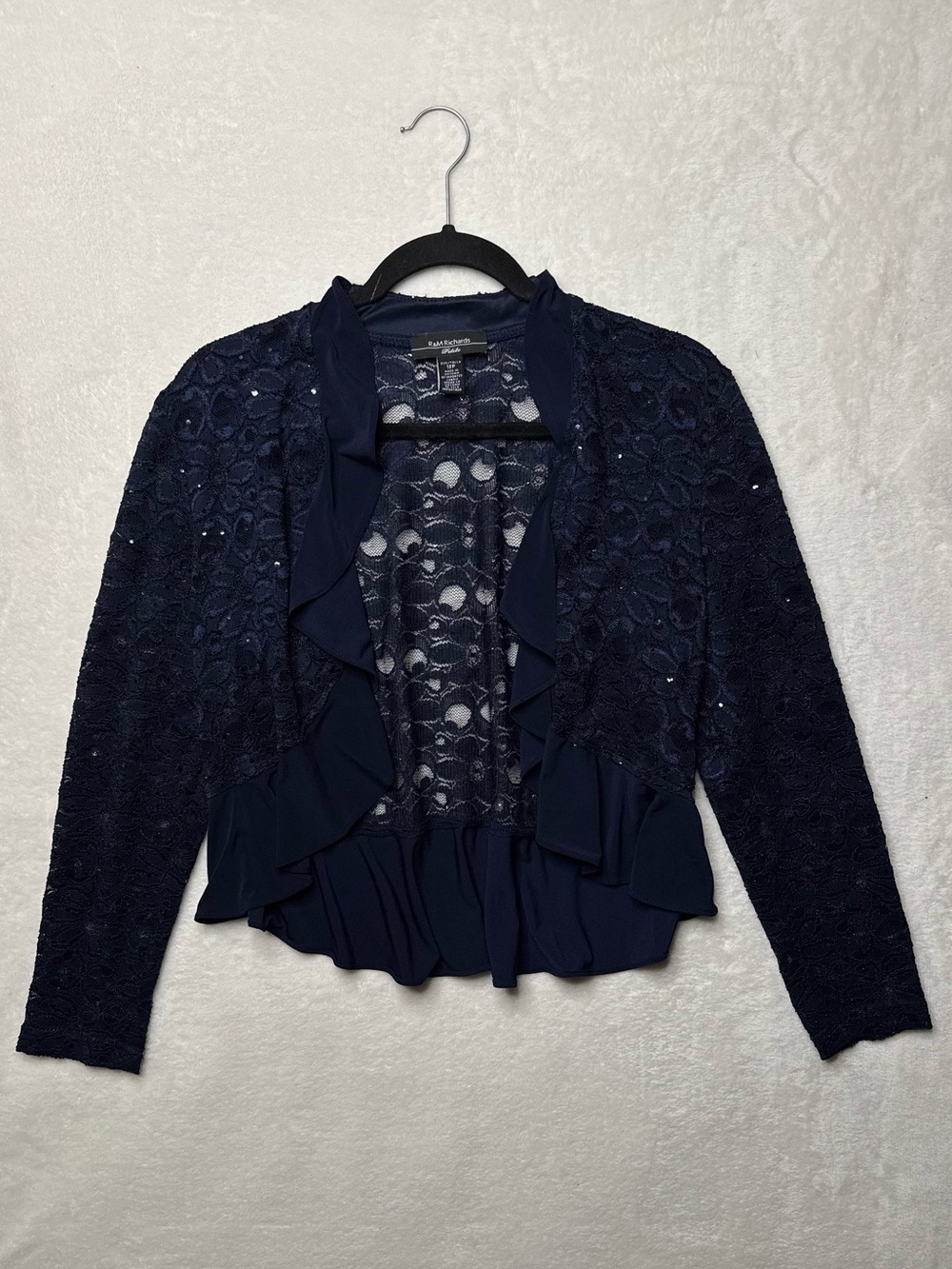 R&M Richards Navy Lace Ruffle Open-Front Cardigan Sequin Accents 12p